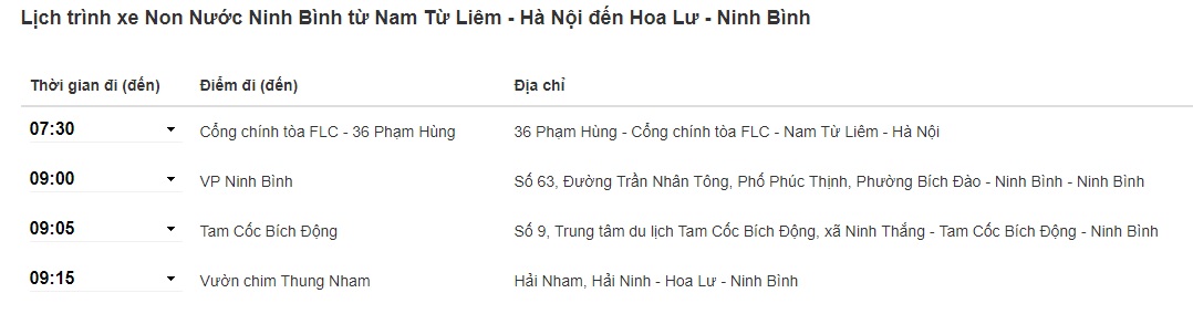 Xe Non nước Ninh Bình Hà Nội